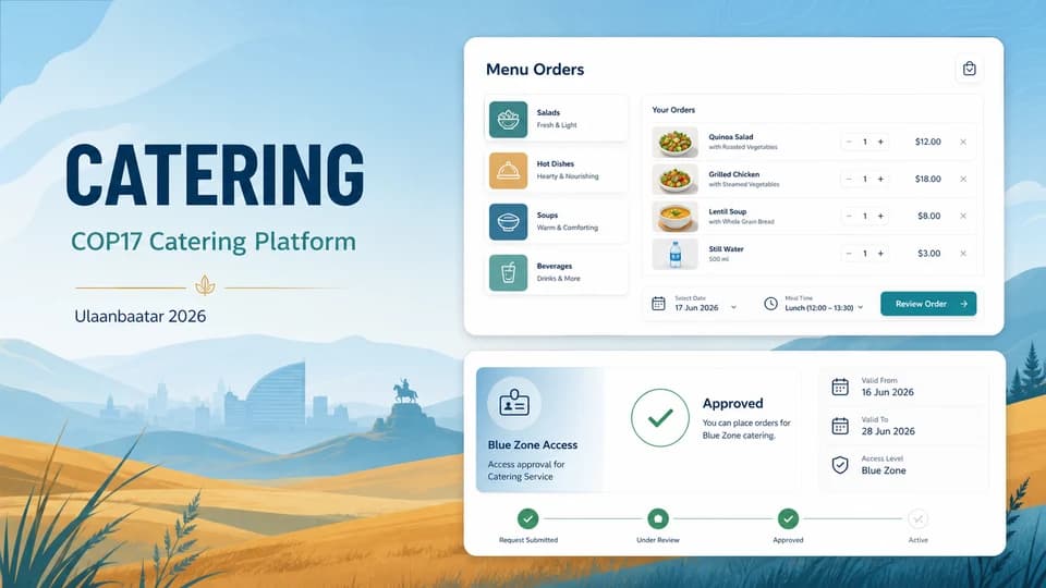 Illustrated preview of the COP17 catering order platform.