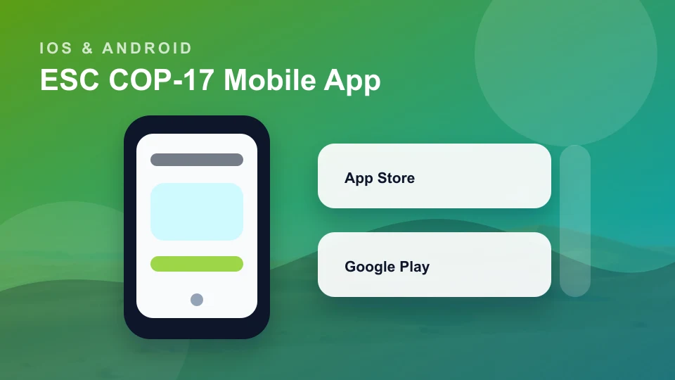 Illustrated preview of the ESC COP-17 mobile app downloads.